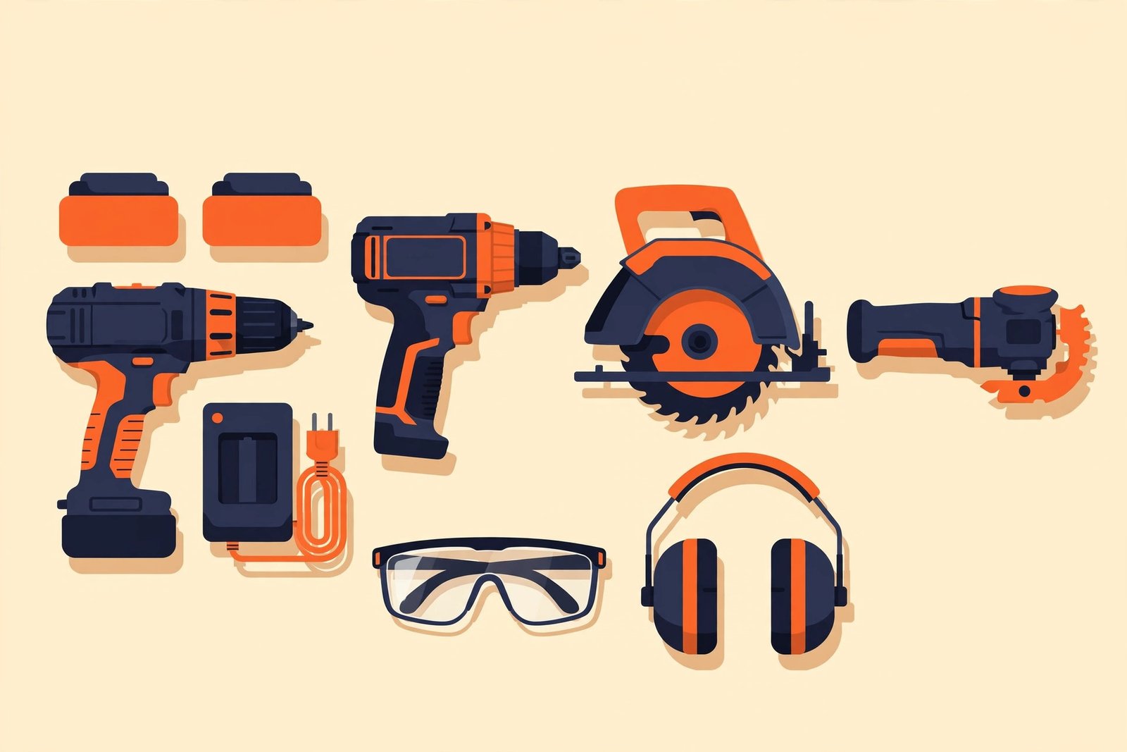 Illustration of a beginner cordless tool set with safety glasses and ear protection