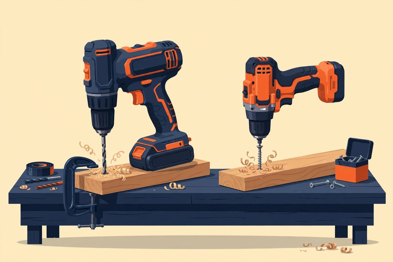 Illustration of a cordless drill and an impact driver side by side
