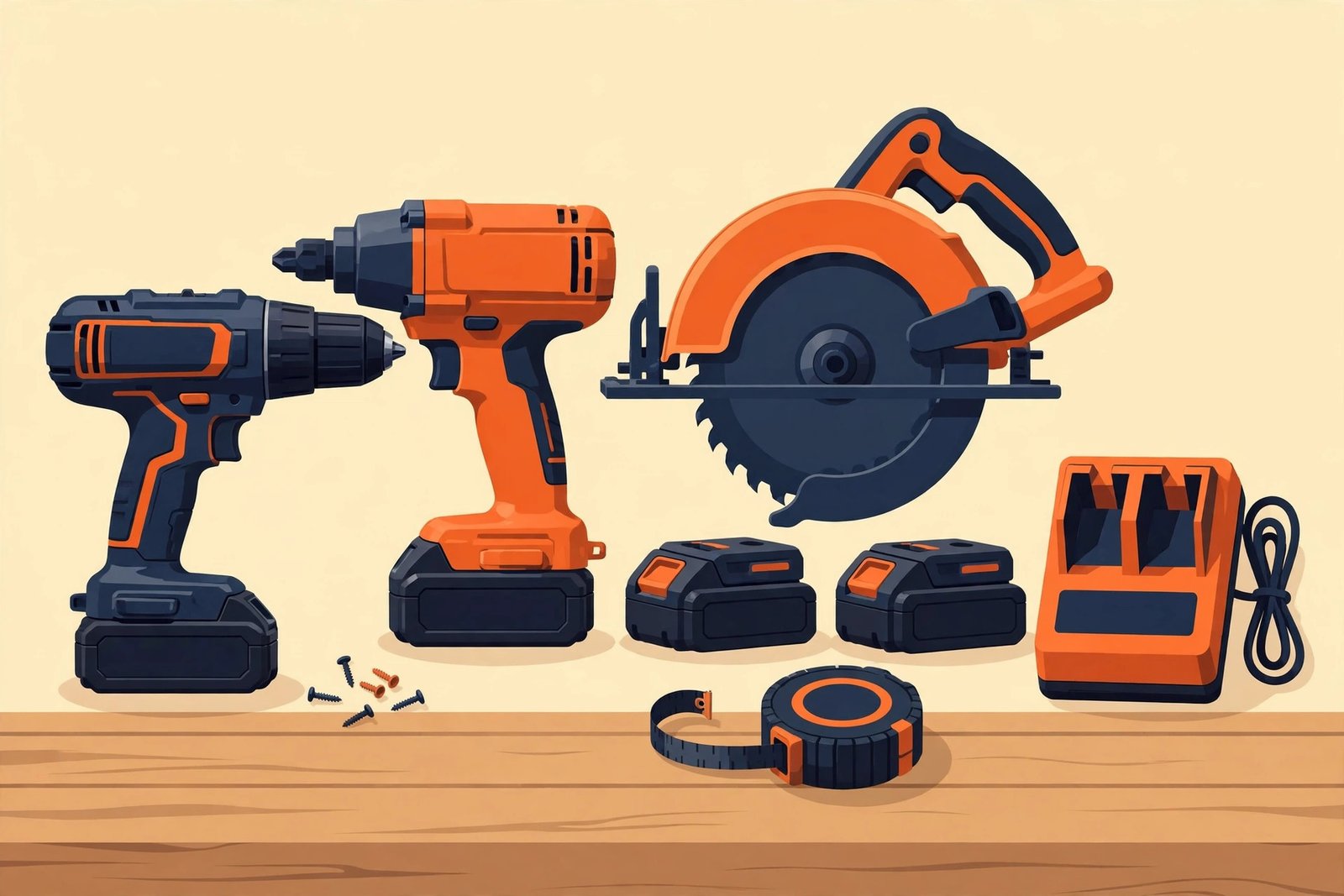 Illustration of a cordless drill, impact driver, circular saw, battery packs and a charger on a workbench